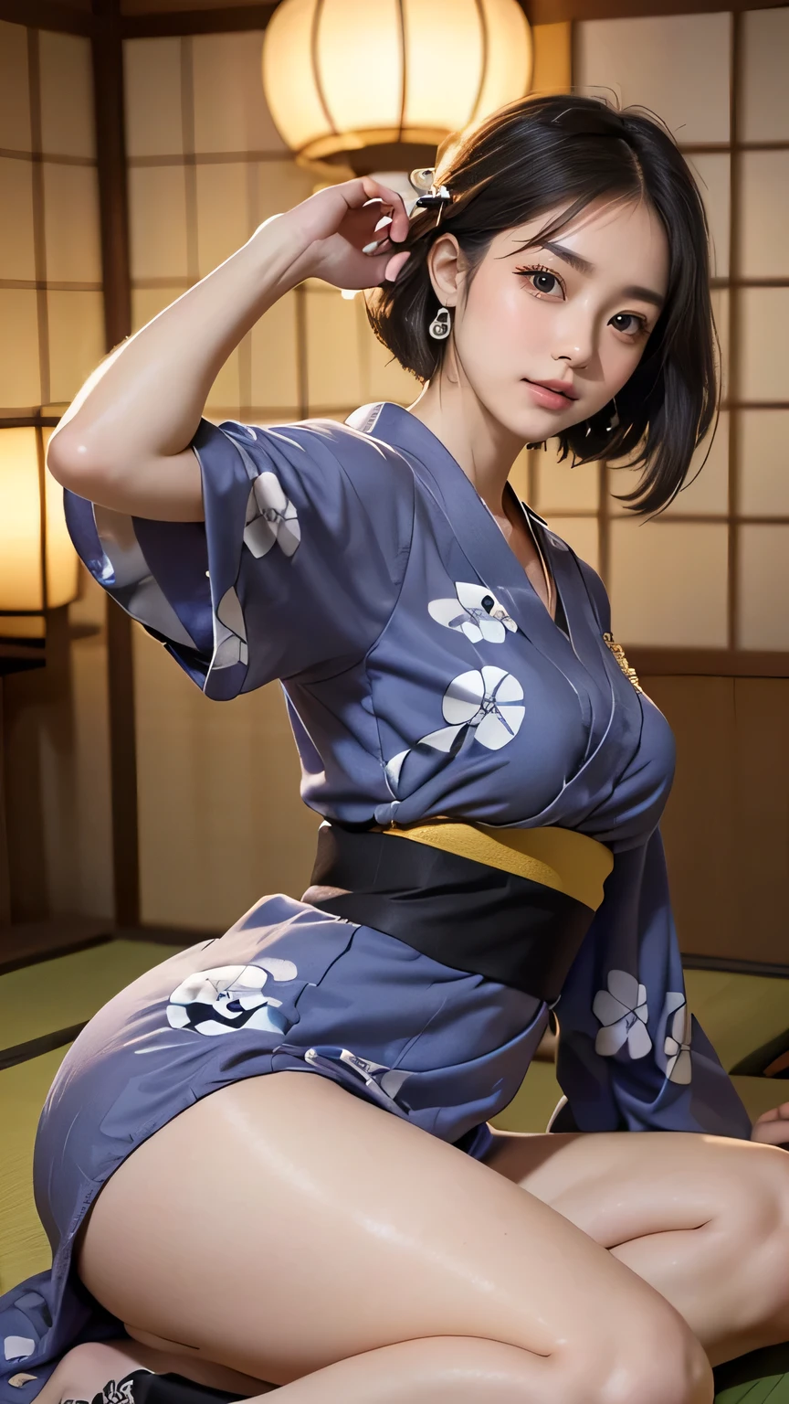 masutepiece, Best Quality, hight resolution, 1girl in,
(Japanese beautiful girl:1.2),
Professional Lighting, Physically-based rendering, Very cute,
messy long hair,
wavy bob,
over shoulder,
swept bangs,
big eyes, black eyes,
extremely detailed eyes and face,
(eyes with beautiful details:1.2),
mature, 45 years old, ssmile, Sensual red yukata, Yukata collar, Strapless, Exposing thighs,
(large full breasts:1.3),(constricted hips:1.3), (Exposing breasts:1.2), cleavage of the breast, (Chest seems to protrude:1.1),
Bold design, erotick,
perfect body, beautiful body line, sexual excitement, Sexual expression, Hands to the side,
Detailed depiction of costumes, The obi is untied, The yukata is fluttering.,
captured with a high-resolution lens like Nikon AF-S NIKKOR 85mm f/1.8G, hyper realistic, 8K,
standing, cowboy shot, front view