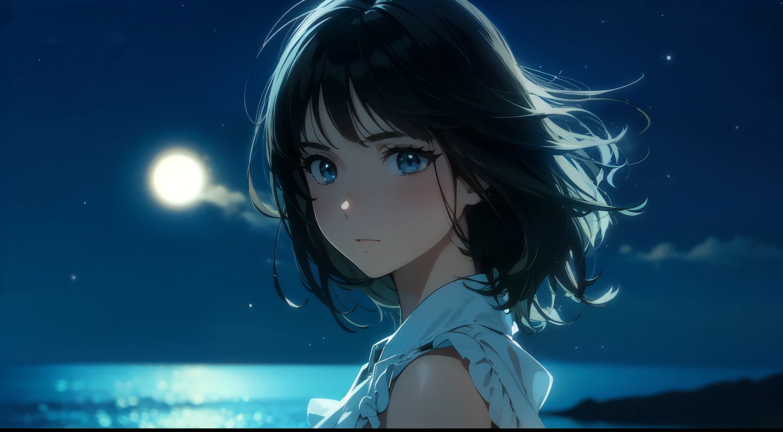 Top quality, masterpiece, 8k, illustration, lo-fi chill pop scene, one girl, beautiful girl, girl facing front, medium hair, hair blowing in wind, background is night sea, quiet ripples, bright night sky, moon, stars, white shirt with collar, wearing shorts, relaxed expression Gazing into camera, gentle expression, nostalgic, peaceful, illustration painting with soft, calm colors, peaceful atmosphere, girl is upper body, close up, lighting illuminating girl,