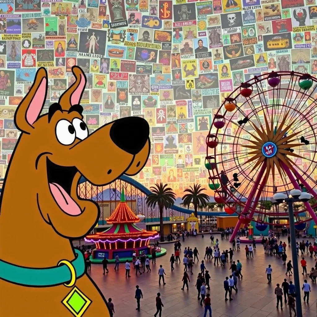 (wordless) comic cel shaded kitsch, homemade, blend of mixed media, sense of depth heights, layered composite obscure memes ontop of layer of obscure memes, cohesive minimal collage, comic overlaid on photo, photo background blend of memes, comic scooby doggo overlaid on modern-day meme backgrounds.  amusement park, scooby doo, overjoyed for spooky season. unable to express maximal emotion, overwhelming, unknown, intense, blend of memes in sky, photo blend memes background