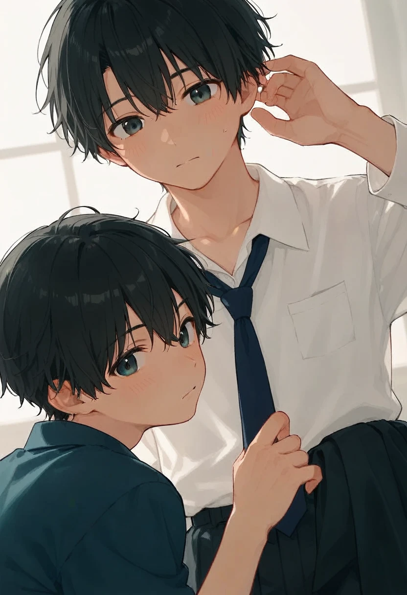  male、二人のmale、high school student、Student Uniform、slacks、Loose tie、whole body、Black Hair、Summer sunlight、study、二人のmaleが濃厚なキスをする、Two men who take off their clothes themselves 、Long Bangs、Black Hair、