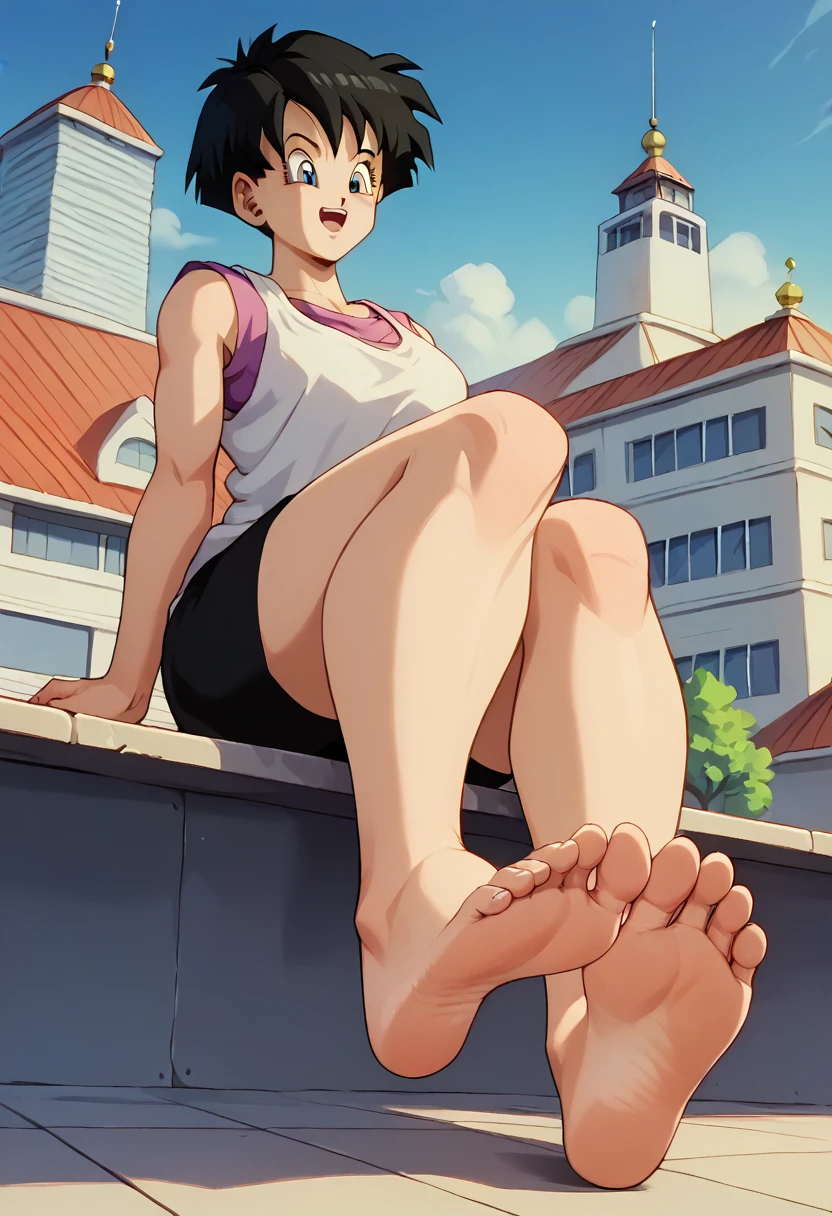 8k, high definition, cleanup, best quality, Videl, 1 girl, solo, black hair, short hair, sleeveless dress, barefoot, soles, feet, toes, feet focus, from below, looking  down, sitting on bench, floor, building, outdoors, big breasts, wide hips, seductive smile, seductive look, blue eyes, thooty smile, open mouth, black shorts