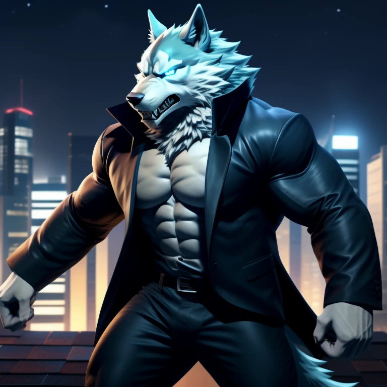 A muscular wolf with all-white fur strums a metallic guitar in his hands, showcasing his impressive biceps and bulging muscles. The guitar's strings resonate with a melodic tune, adding to the drama of the scene. His attire consists of a sleek black suit, tailored to perfection, and a bold red tie that contrasts against his pure white fur. A leather gauntlet with iron studs adorns one of his hands, adding to his rugged and intimidating appearance. With a serious expression on his face, he looks directly at the viewer, captivating the audience with his charisma and raw power. This detailed image, showcasing the wolf'