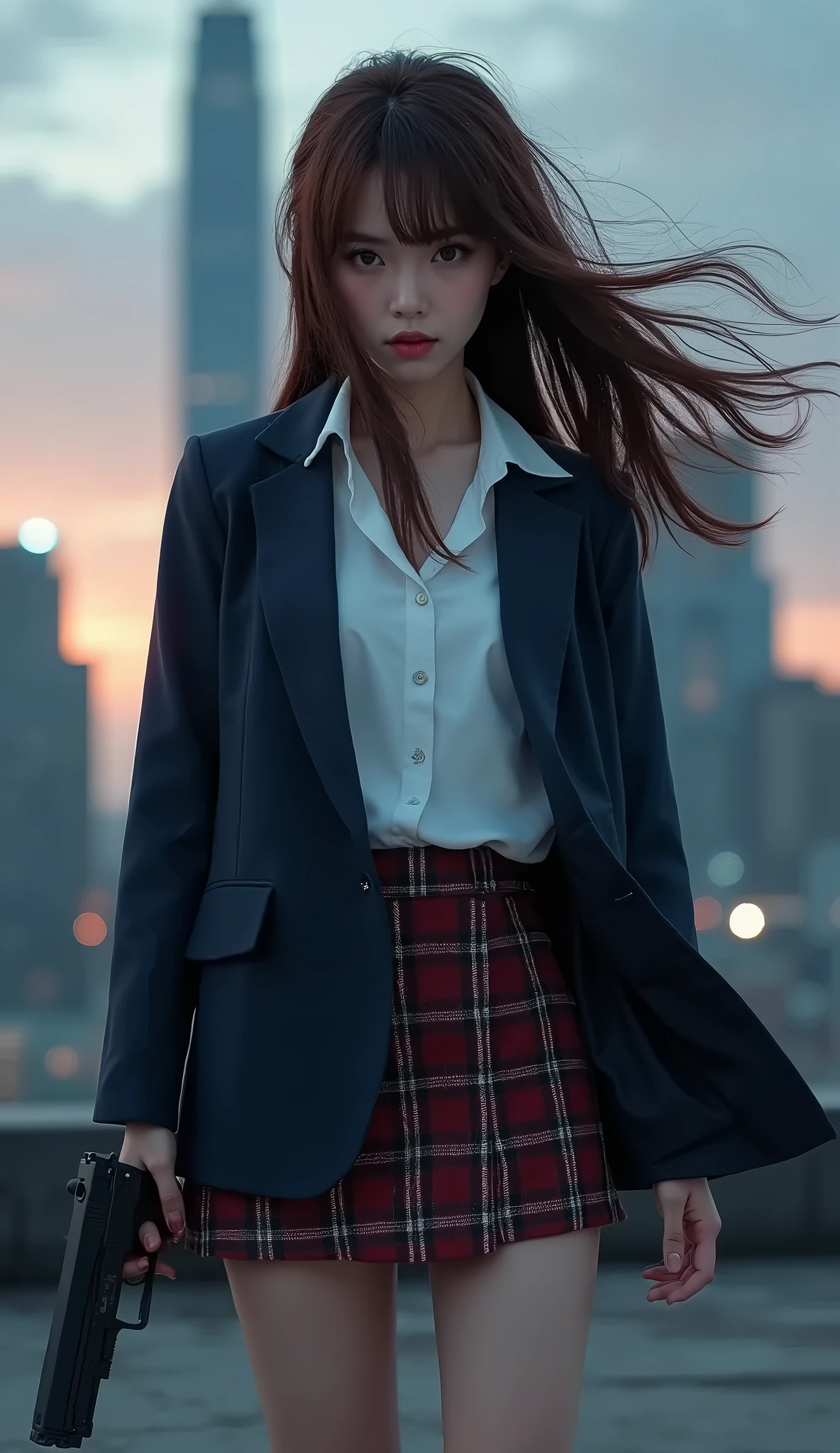 One Japanese girl、Super beautiful、Facial beauty、Standing、 high school uniform 、Navy blue jacket、White shirt、tie、Plaid Miniskirt 、Brown hair、Heavy make-up、Skyscraper rooftop、evening、The wind is blowing、 She's Looking Seriously at the Gun、 Thigh Shot 、pointing pistol