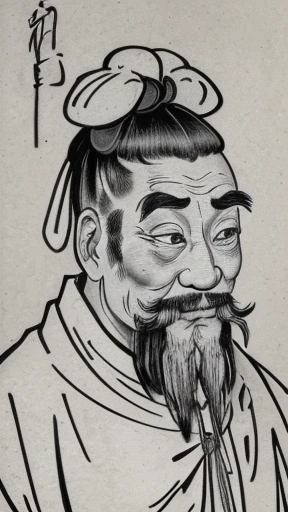 ((Monochrome, black and white)),
((here is only one topknot on the head, wrapped in cloth)),
((ancient chinese old man)),
(((Hand-drawn style,Fine Lines))),