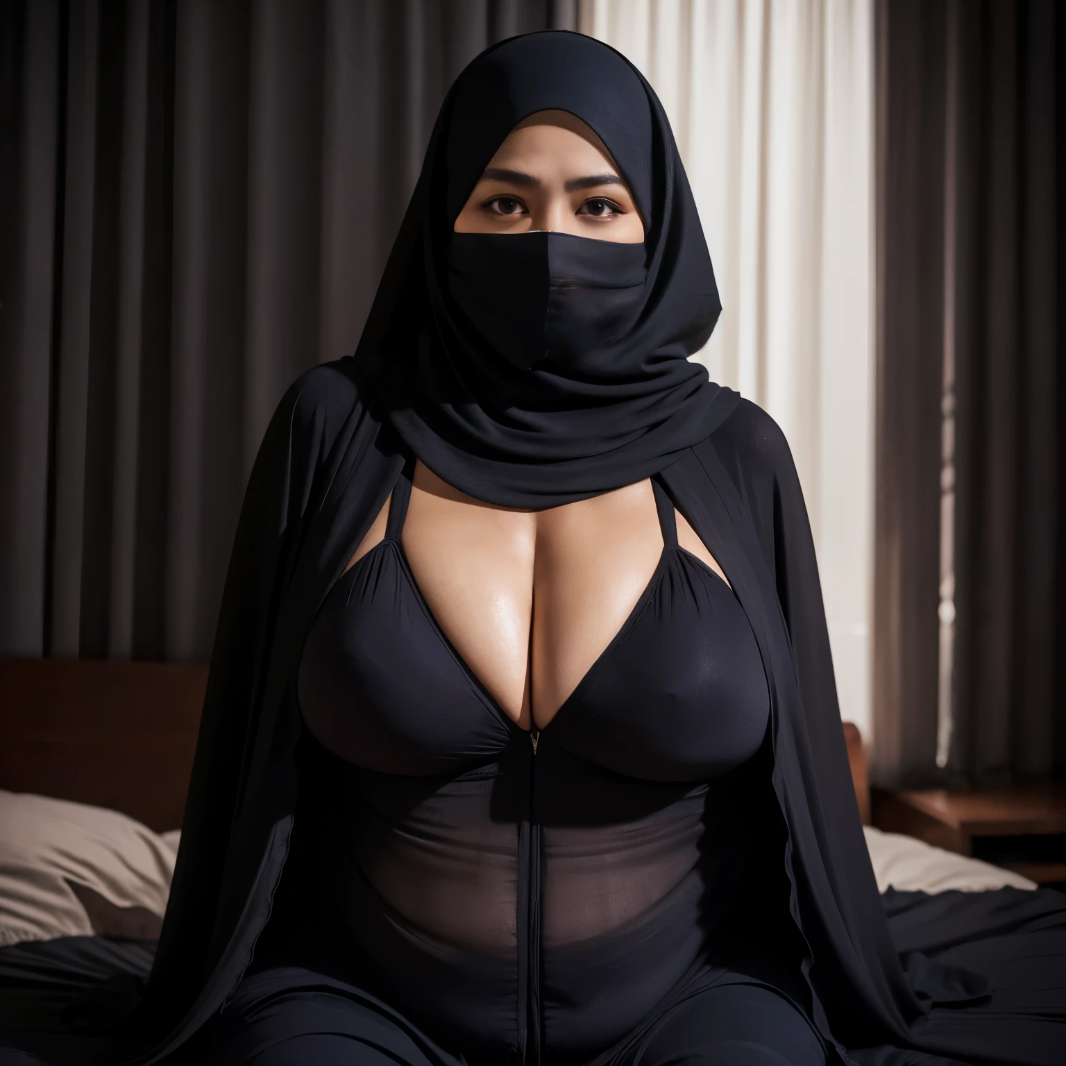 Arab mom black veil on bed 