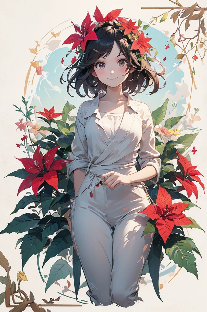 (masterpiece、Please redeem、Please redeem、Beautiful and beautiful:1.2)、(good anatomy:1.5)、3DXR full body shot、Drawing of a girl with short straight hair、one piece、A shy smile、Looking at the camera、Flowers and leaves on the head、Poinsettia、Loosening resolution