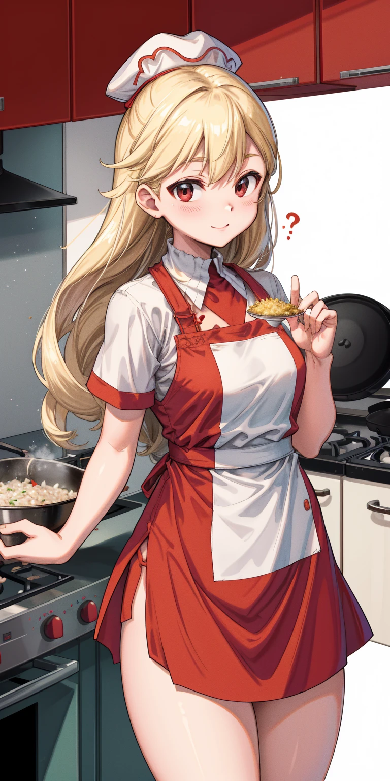 Create a virtual female chef who is stirring fried rice at the stove. and wears a red chef's shirt and chef's hat on a white background