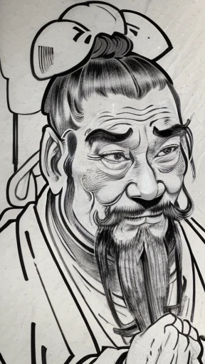 ((Monochrome, black and white)),
((here is only one topknot on the head, wrapped in cloth)),
((ancient chinese old man)),
(((Hand-drawn style,Fine Lines))),