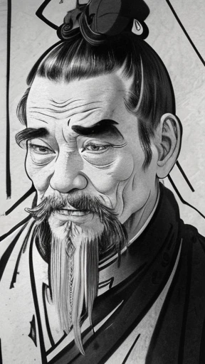 ((Monochrome, black and white)),
((here is only one topknot on the head, wrapped in cloth)),
((ancient chinese old man)),
(((Fine Lines))),