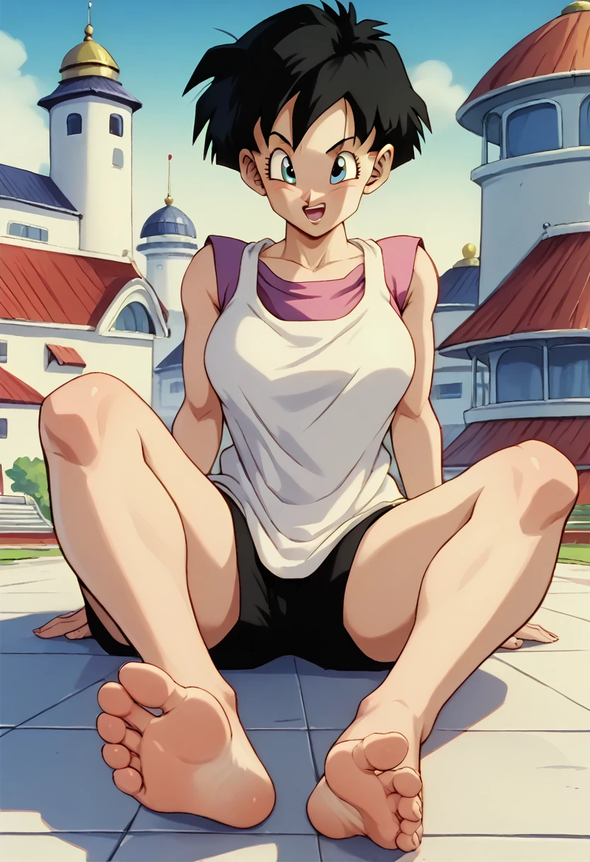 8k, high definition, cleanup, best quality, Videl, 1 girl, solo, black hair, short hair, sleeveless dress, barefoot, soles, feet, toes, feet focus, arms support, sitting on floor, building, outdoors, big breasts, wide hips, seductive smile, seductive look, blue eyes, thooty smile, open mouth, black shorts