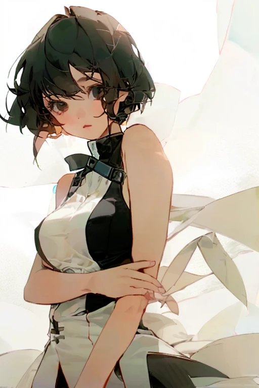 négligé、shortの巻き髪、beautiful girl、black Sleeveless slender、Model Body Type、Ideal Style、 Slim and cute、One off-the-shoulder 、張りのある胸