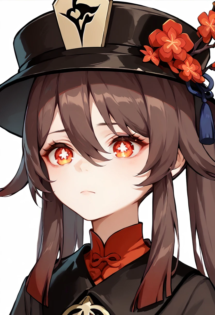 HD， best quality，HuTao, long hair, bangs, brown hair, red eyes, hair between eyes, twintails, sidelocks, symbol-shaped pupils,Close-up of face，whole body，Black hat，Black clothes，Melancholy