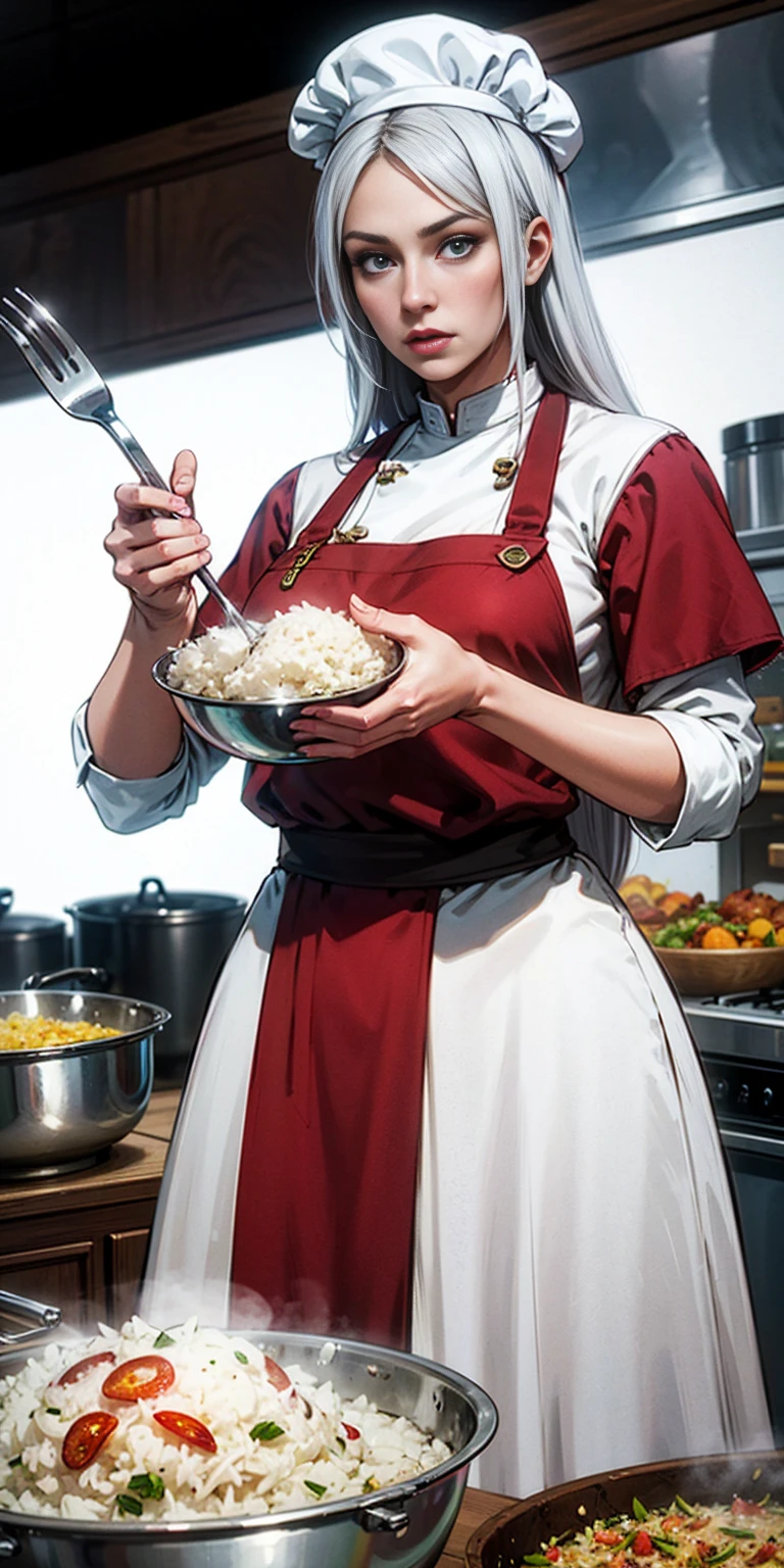 Create a virtual female chef who is stirring fried rice at the stove. and wears a red chef's shirt and chef's hat on a white background