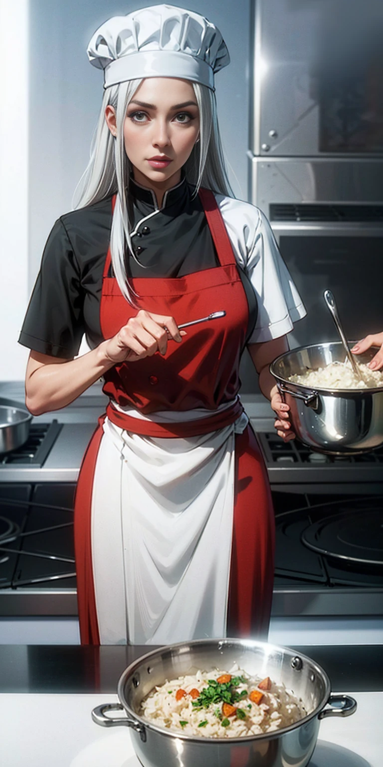 Create a virtual female chef who is stirring fried rice at the stove. and wears a red chef's shirt and chef's hat on a white background