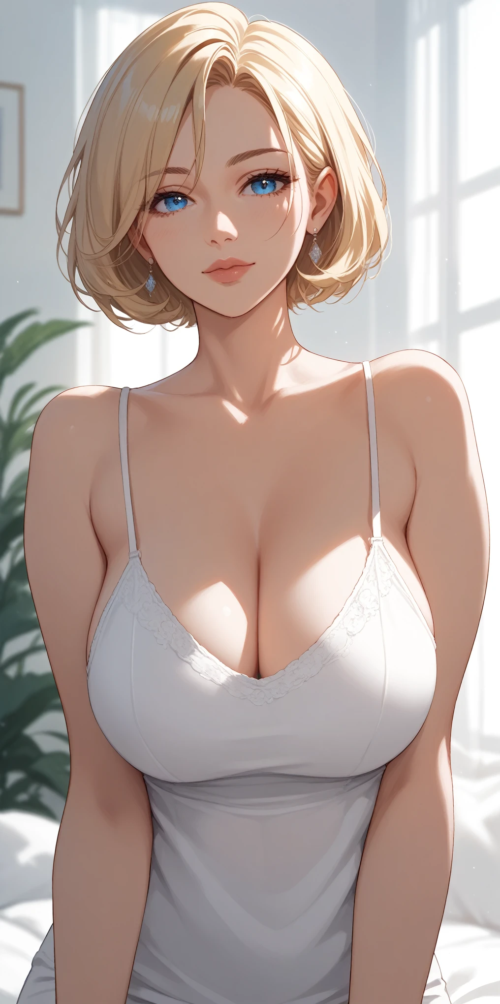 source_anime, medium short hair, blonde, blue eyes, perfect eyes, elegant mature woman, curvaceous, camisole, home, soft light, portrait, medium close-up
