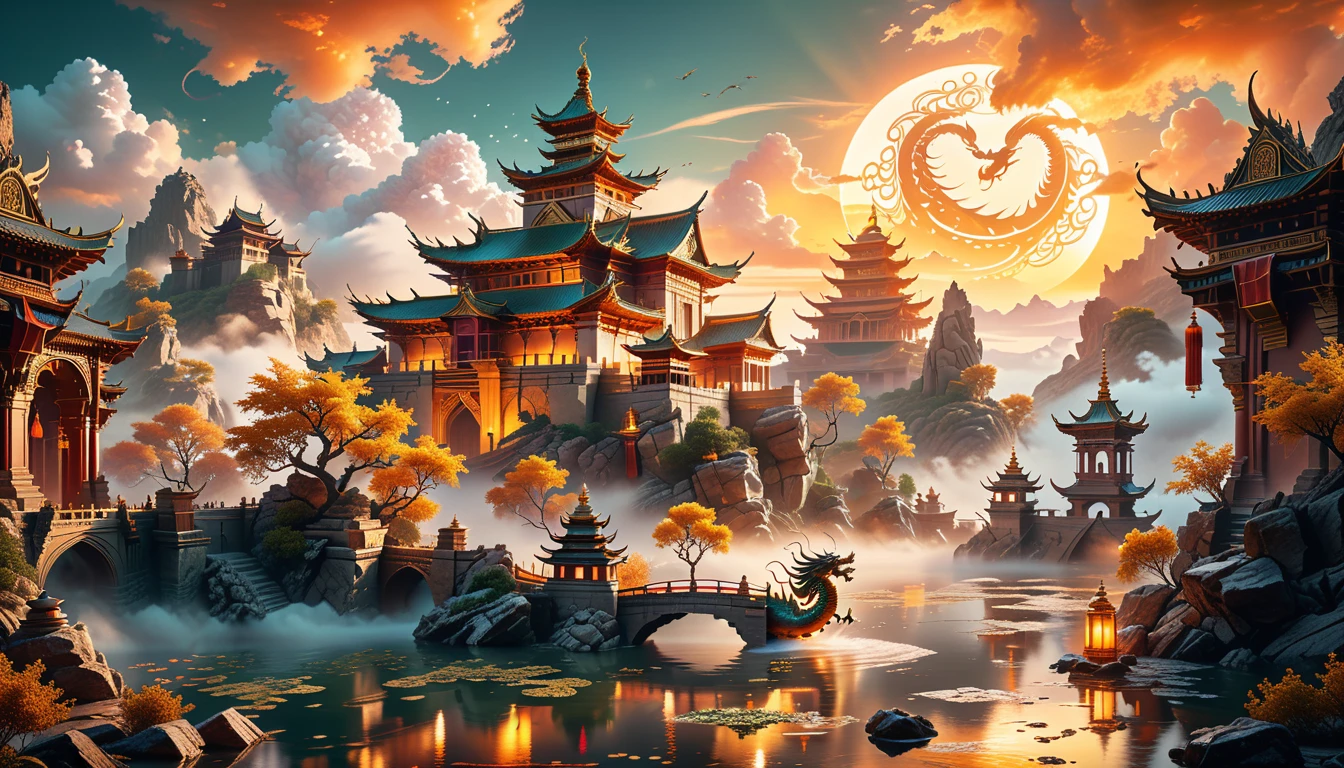 A Masterpiece In 32K Resolution, Supreme Quality, Super Detail, Official Art, Very High-Resolution 32K Wallpaper, Beautiful And Aesthetic, Ultra-Detailed Features, Awe-Inspiring Detail. A Floating Monastery Hangs In The Sky, Its Stone Foundations Hovering Above A Cloudy Abyss. A Dragons Coil Around The Monastery's Towering Spires, Their Serpentine Gracefully Around The Ancient Structures. Their Scales Glow With An Ethereal Light, Casting A Soft Radiance Across The Floating Islands. As The Sun Sets, A Golden Light Reflects Off The Dragons Shimmering Forms, Creating A Mesmerizing Glow, While Long Shadows Stretch Across The Dreamlike Twilight Landscape.