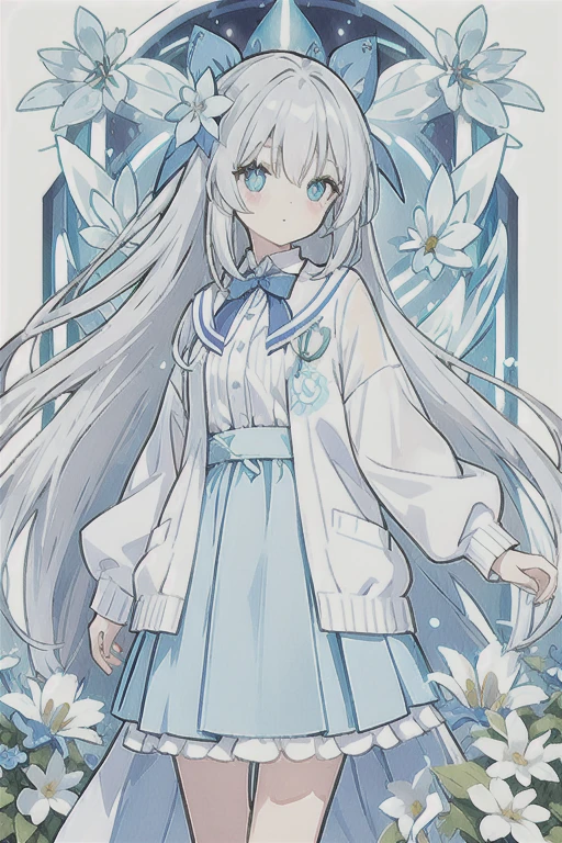 ・Watercolor・White Hair、Very long hair, light blue left eye、The right eye has gray eyes, flower-shaped pupils, loose blouse, light blue cardigan, light blue skirt, gray ribbon on the collar, girl, cute, quiet, light blue flower field, holding light blue flowers, light blue butterflies, soft light, top quality