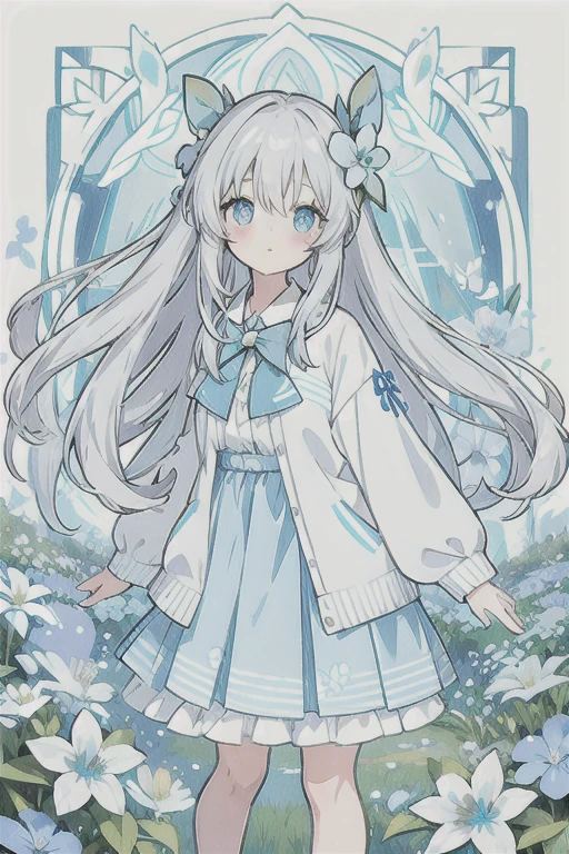 ・Watercolor・White Hair、Very long hair, light blue left eye、The right eye has gray eyes, flower-shaped pupils, loose blouse, light blue cardigan, light blue skirt, gray ribbon on the collar, girl, cute, quiet, light blue flower field, holding light blue flowers, light blue butterflies, soft light, top quality