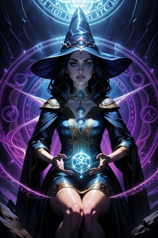 A beautiful female witch, detailed facial features, long eyelashes, elegant expression, holding a ornate magic wand, mystical magic circle behind her, intricate magic array beneath her feet, glowing magical energy, dramatic lighting, cinematic composition, fantasy art, concept art style, rich colors, dramatic lighting, ethereal, magical realism