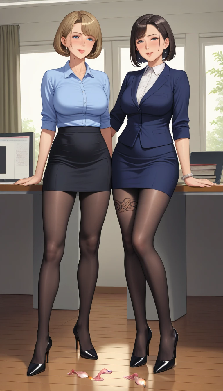 Ultra-realistic, Best Quality, High image quality, detailed, High resolution, 8k, 超High resolution, Soft Saturation, Professional Quality,  Perfect contrast,   perfect lighting , ( anatomically correct:1.1), (  4 Beautiful Secretaries Standing Side by Side  ), (  For Mature Women and Young Women  ), (   4 Beautiful Secretaries Standing in the Training Room   :1.2), ( beautiful secretaries ejaculated on  black pantyhose  ), ( beautiful secretaries'  black pantyhose  are wet ), Photographed from the front, (Full body photo from face to ankles), (  high heels red sole thick sole black enamel high heels  {x}  Beautiful Secretary with a Choker and White Collar ,  Purple or Light Blue Shirt ,   Black Tight Miniskirt  ,  black pantyhose , and high heels), Commemorative photo, ( Surprisingly Beautiful Secretary ), (  Beautiful Secretary Who Fell Furious  ), (Perfect Anatomy:1.2), ( shooting  For Mature Women and Young Women  ), ( must wear  black pantyhose  and high heels :1.4), (Thigh Tattoo), A lot of sperm flowing down  black pantyhose ,  Standing at the Reception Desk ,   standing with legs shoulder-width apart  ,  semen flowing back over  black pantyhose  on the thighs , break, Short upper body, Narrow waist, Big Ass, (Very long legs:1.3), (非常に太くてPlump太もも), (   black enamel high heels and high heels with only red soles   :1.2), ( Used Condom That Fell to the Floor :1.2),  mature woman, Maternal,   sensual woman,  Two Mature Women , Two young women , NTR,  Black Male Parasite ,  mature woman, Maternal, sweat, Steam break,  Dark Blue Short Bob , Short blonde bob,  Split Bangs , Obscene, Improve, Gal&#39; s Heavy Makeup , Dark skinned woman, Very curvy, Plump, Plump唇, Thick lips, hot, sweating, sweaty, (  Woman in super mini uniform  :1.1), 完璧でdetailedな可愛い顔, 飛散する射精にSurprised face, Embarrassed expression, Surprised face, Dark brown eyes, ( perfect body), Perfect breasts, Perfect Arms, (Perfect Legs), Perfect Skin, Beautiful Skin, Hyper Brest, Short waist, Wide Hips, Huge Ass,   sensual woman,  simple and tight uniform , Short upper body女性, (Large Breasts:1.1), Narrow waist,  Trained Body 