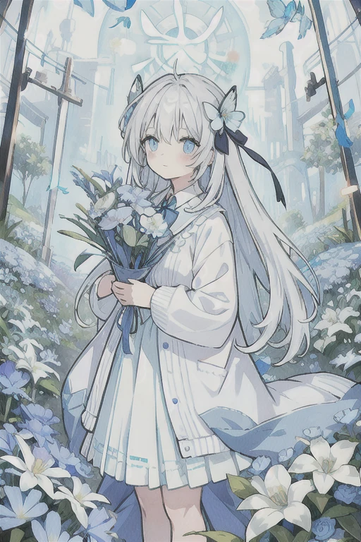 ・Watercolor・White Hair、Very long hair, light blue left eye、The right eye has gray eyes, flower-shaped pupils, loose blouse, light blue cardigan, light blue skirt, gray ribbon on the collar, girl, cute, quiet, light blue flower field, holding light blue flowers, light blue butterflies, soft light, top quality