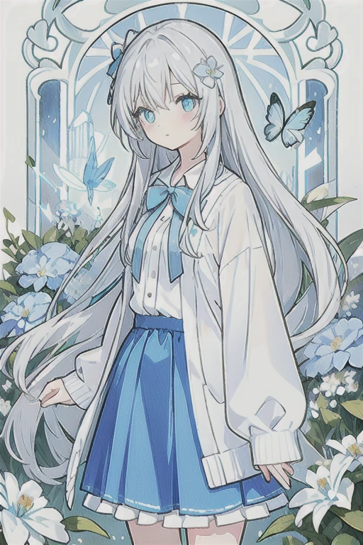 ・Watercolor・White Hair、Very long hair, light blue left eye、The right eye has gray eyes, flower-shaped pupils, loose blouse, light blue cardigan, light blue skirt, gray ribbon on the collar, girl, cute, quiet, light blue flower field, holding light blue flowers, light blue butterflies, soft light, top quality