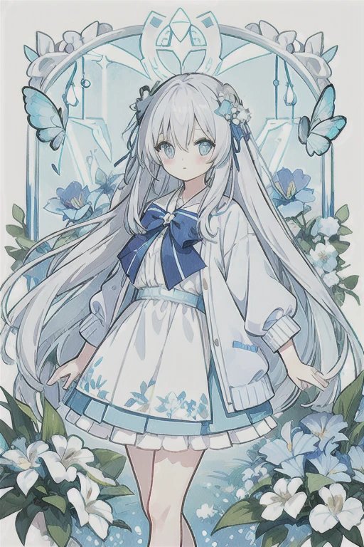 ・Watercolor・White Hair、Very long hair, light blue left eye、The right eye has gray eyes, flower-shaped pupils, loose blouse, light blue cardigan, light blue skirt, gray ribbon on the collar, girl, cute, quiet, light blue flower field, holding light blue flowers, light blue butterflies, soft light, top quality