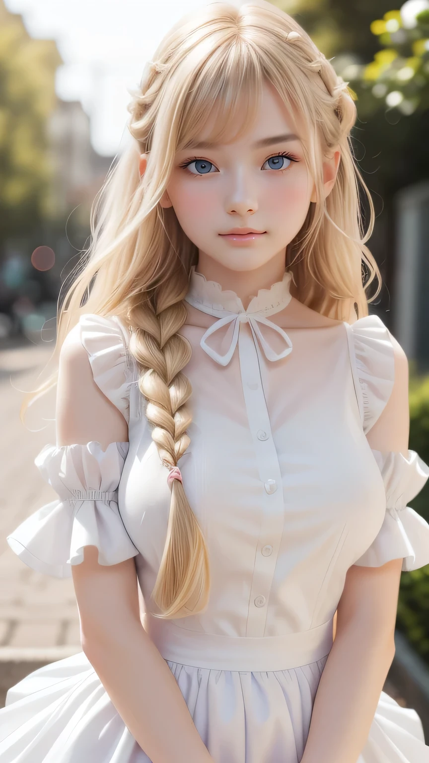 (Pale skin:1.3), (huge breast:1.3), (ultra-detailliert), White cute princess dress,(frilly dress),(shortsleeves),Blue eyes,The upper part of the body、a closeup、faces、Lovely smile,facing front, 20yr old, teens girl,no tail,(no tail),2D, ​masterpiece, top-quality, animesque, A detailed eye, A detailed face, girl with, Only 1 person,Blonde medium hair, (a blond),  Ear Hair, small tits, Single braid, (Single braid), (Side braid), Pink ribbon, Ribbon around the neck, (White sleeves), Background bokeh