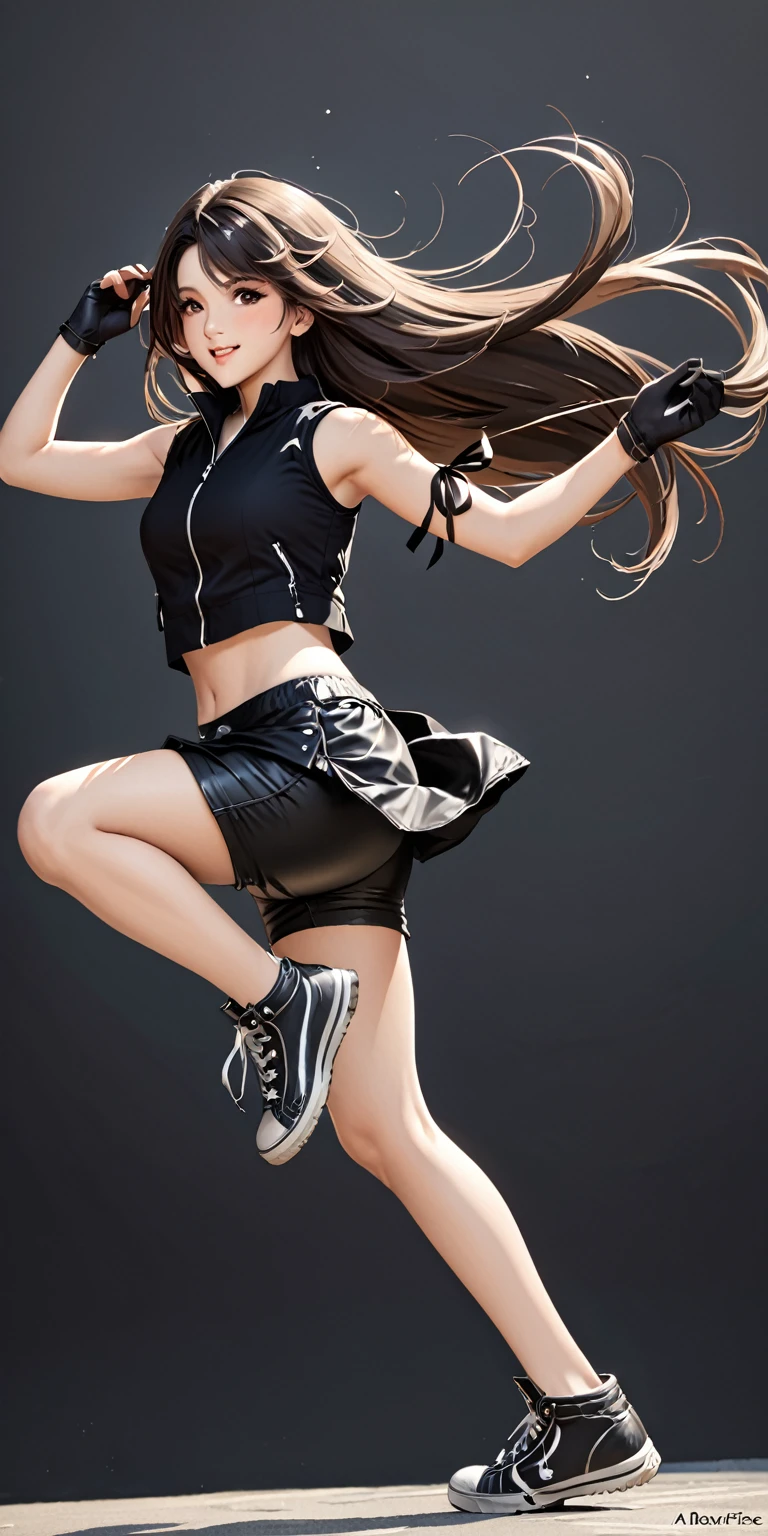 (masterpiece,Highest quality,Ultra-high resolution),(((A very beautiful girl))), , acTifa, brown eyes, long hair, black shirt, black tank top, zipper, black skirt, midriff, black shorts, black gloves, arm ribbon, black sneakers, dynamic pose, sexy pose, blush, sexy smile, hair blowing in the wind, steam:1.3, black background 