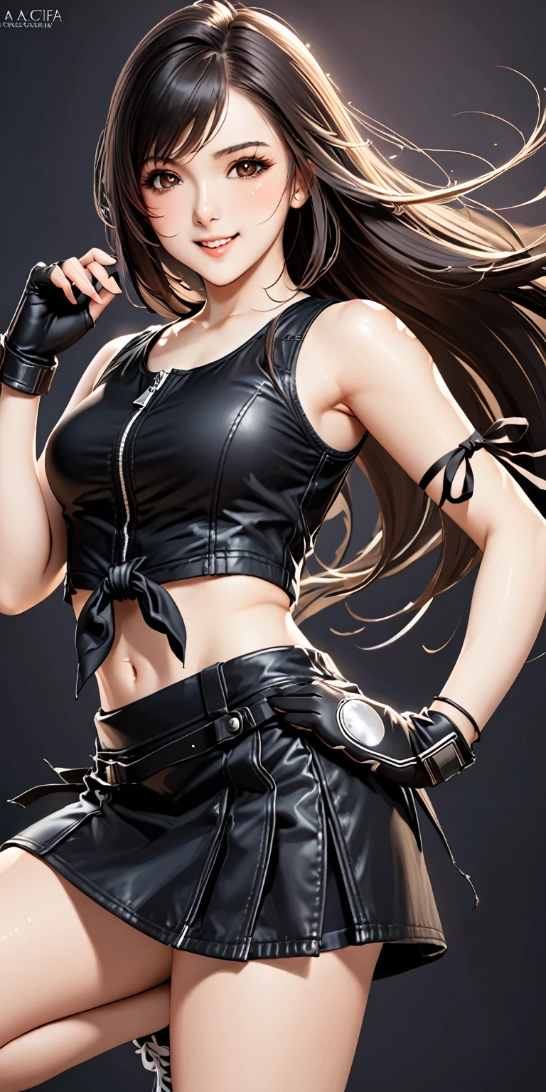 (masterpiece,Highest quality,Ultra-high resolution),(((A very beautiful girl))), age 16, acTifa, brown eyes, long hair, black shirt, black tank top, zipper, black skirt, midriff, black shorts, black gloves, arm ribbon, black sneakers, dynamic pose, sexy pose, blush, sexy smile, hair blowing in the wind, steam:1.3, black background 