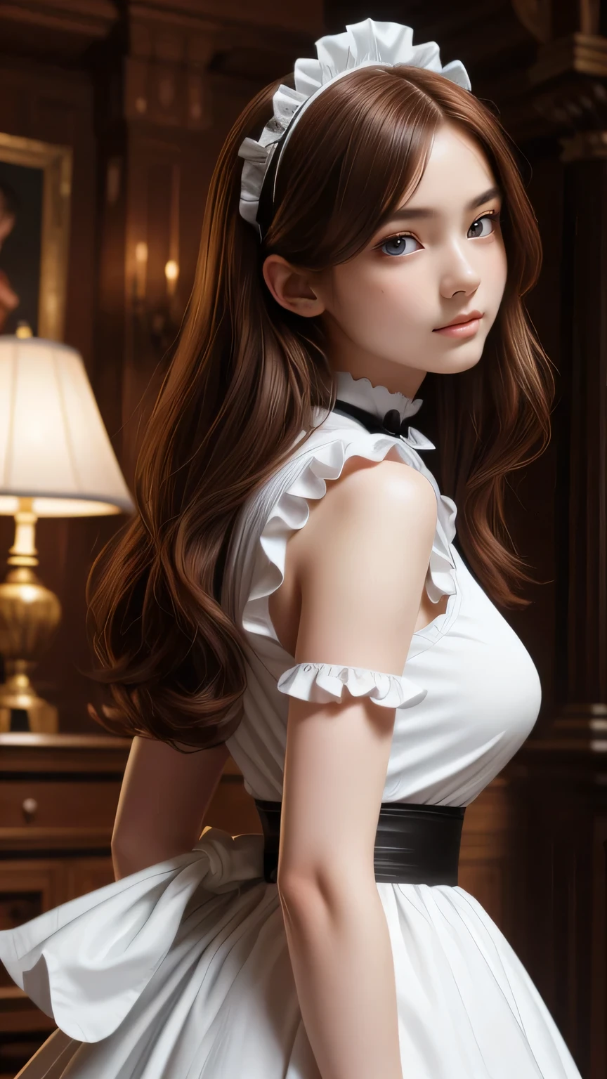 A pretty maid. best quality, masterpiece, Auburn hair, sky blue eyes, wearing a steriotypical French maid outfit, (headdress、white blouse、black ribbon、White Apron、ruffle skirt、puff sleeves、collar、choker、apron with fine ruffles：1.3)、black maid costume). looking up, upper body,hair strand,Fair skin, Large chest,. Adorable, mature Woman,detailed big-eyed woman, round face. promenent red lips. Smileing,In the mansion library, large ass, Picture from the side,looking at the scenes, intense colors, Very valuable details, complex details, volumetric lighting, digital art, 8k, trending on Artstation, Clear focus, complex details, highly detail, Greg Rutkowski Big Eyes, high-resolution, Auburn hair. Karen Gillan, attractive chest, .Photorealistic. Confidence, self esteem, assertiveness, dominance. wide Amused smile. ecstastic expression. Sultry, Cleavage. Perky bosum.
