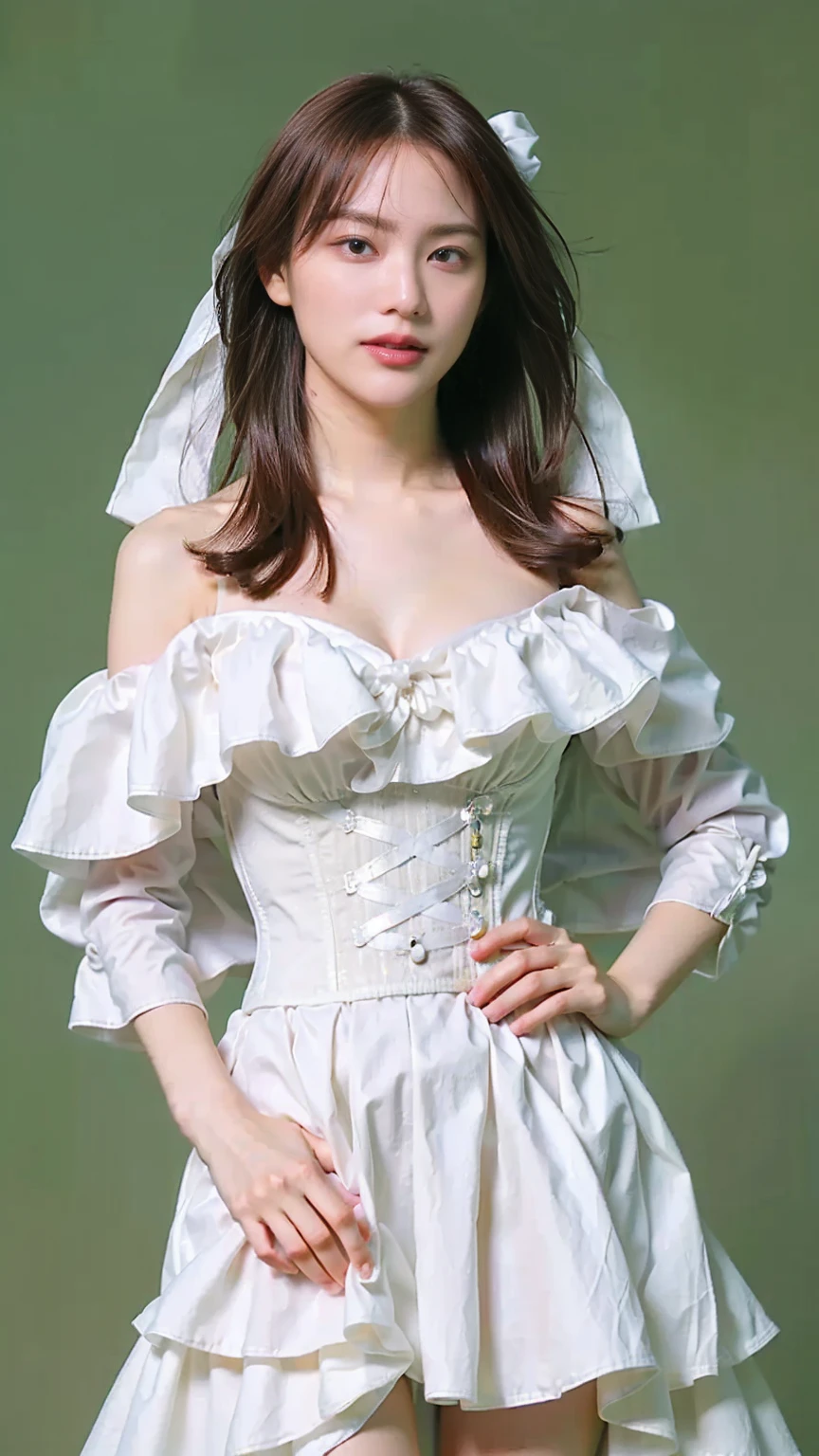 (8k、RAW Photos、Please redeem、masterpiece:1.2)、(Realistic、Realistic)、1 person、((White Dress、smile、Off the shoulder、corset、Cleavage、Big ribbon on the waist、、boots、View、Looking into the camera、Green background、Stand with hands on hips))、cute