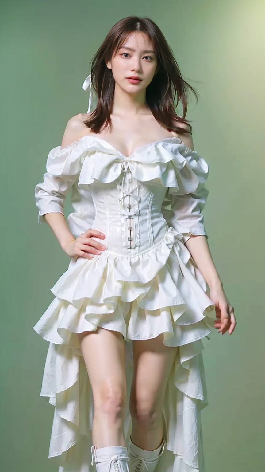 (8k、RAW Photos、Please redeem、masterpiece:1.2)、(Realistic、Realistic)、1 person、((White Dress、smile、Off the shoulder、corset、Cleavage、Big ribbon on the waist、、boots、View、Looking into the camera、Green background、Stand with hands on hips))、cute