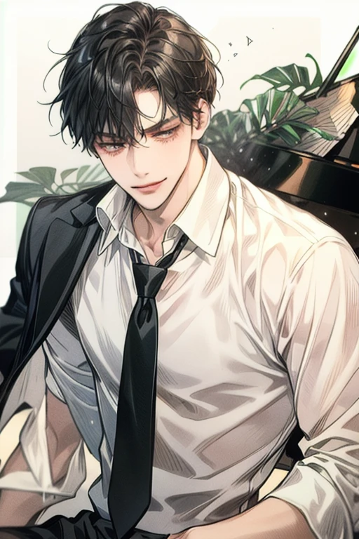 (best quality、Masterpiece、 high resolution、detailed)、( beautiful animation)、1 male , alone, person, Long and thin eyes,bright skin, Handsome,Average build, Attractive smile,black hair,short hair,black eyes, school uniform, Striped ties, semi_realistic, piano, school