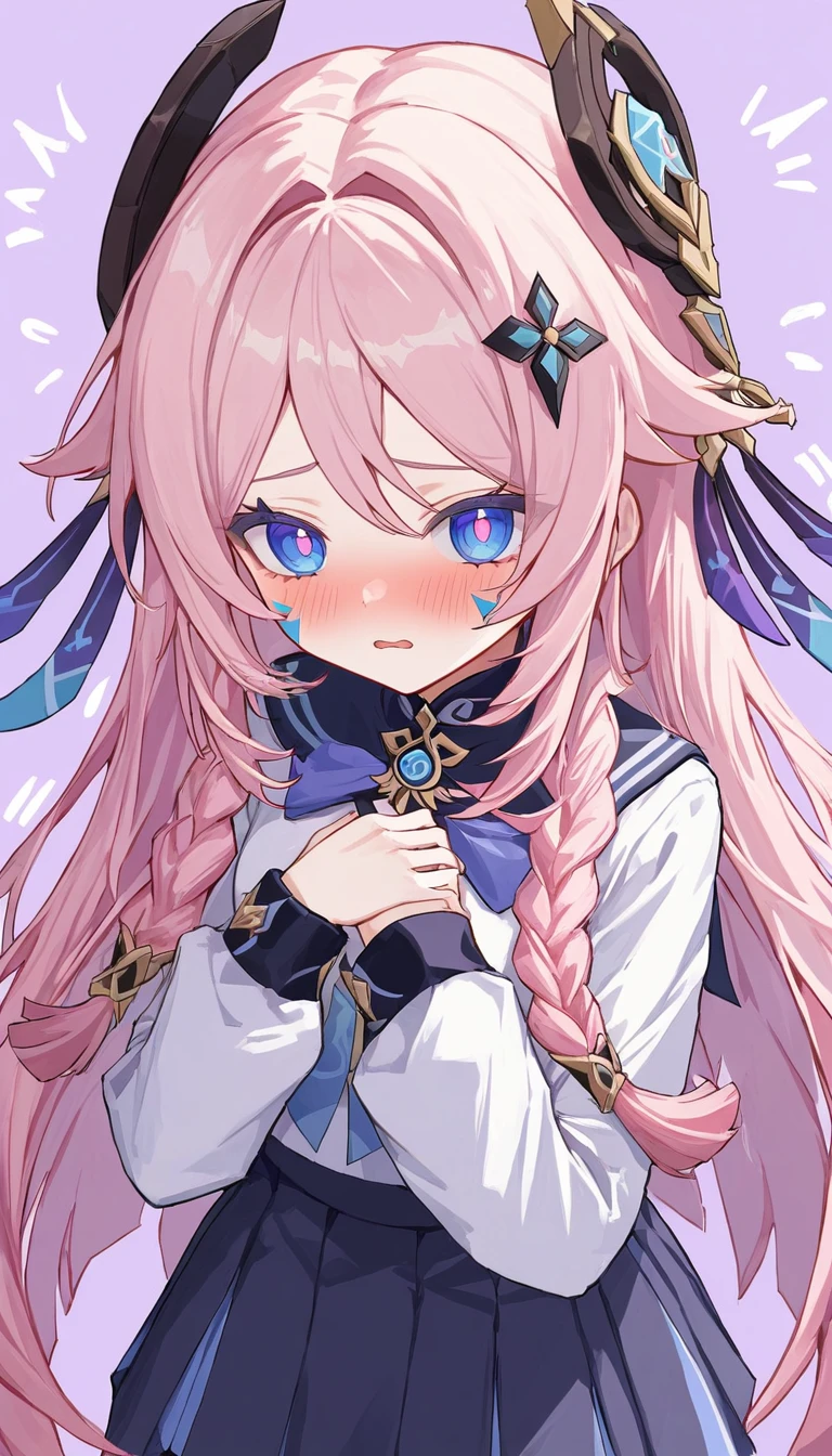 citlali ,シトラリ(genshin impact), 1girl,cowboy shot,embarrassed,(hands on own chest),pink hair, parted bangs, very long hair, hair down, braids, hair ornament, facial Mark, blue eyes, pink pupils,school uniform,Genshin Impact Style, AddXL, touches hair, glowing eyes, blush, beautiful detailed, hyper detail, masterpiece, best quality, bright, hair ornament, facial Mark, citlali,purple Geometric background