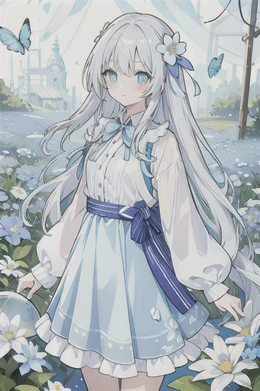 ・Watercolor・White Hair、Very long hair, light blue left eye、The right eye has gray eyes, flower-shaped pupils, loose blouse, light blue cardigan, light blue skirt, gray ribbon on the collar, girl, cute, quiet, light blue flower field, holding light blue flowers, light blue butterflies, soft light, top quality