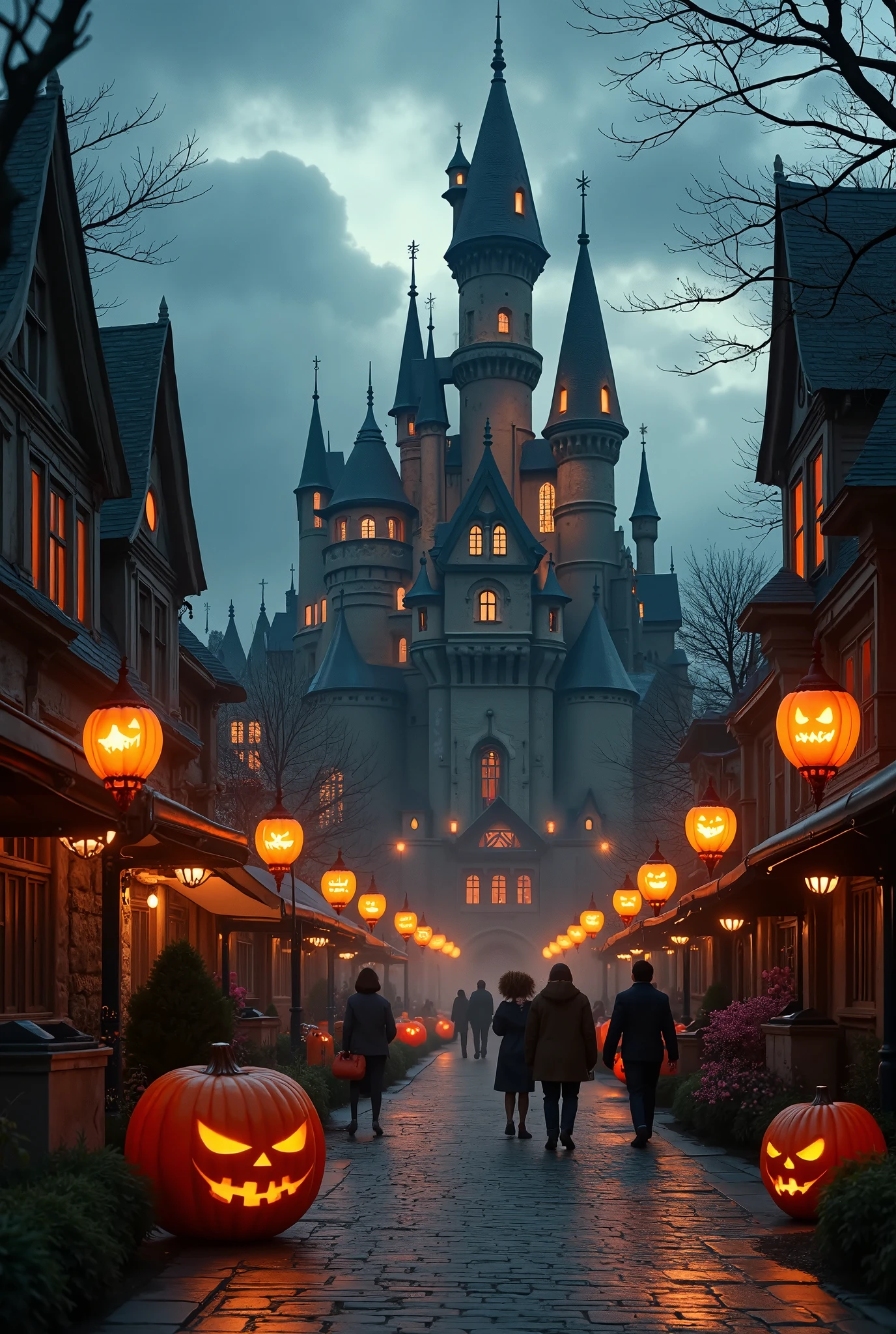 Halloween theme park overview, halloween and autumn festival in the theme park,  theme park castle, theme park attractions, jack-o'-lanterns. Dark Fantasy, expressionistic, Emotional, Dynamic, Distorted emotional effects, energetic, Use unusual colors, detailed, (best quality, masterpiece, photorealistic), very aesthetic, perfect composition, intricate details, ultra-detailed, vivid colors.