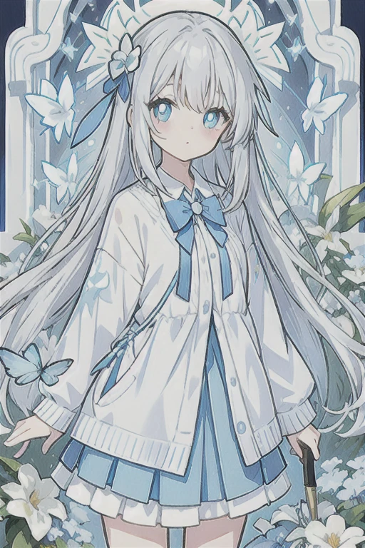 ・Watercolor・White Hair、Very long hair, light blue left eye、The right eye has gray eyes, flower-shaped pupils, loose blouse, light blue cardigan, light blue skirt, gray ribbon on the collar, girl, cute, quiet, light blue flower field, holding light blue flowers, light blue butterflies, soft light, top quality