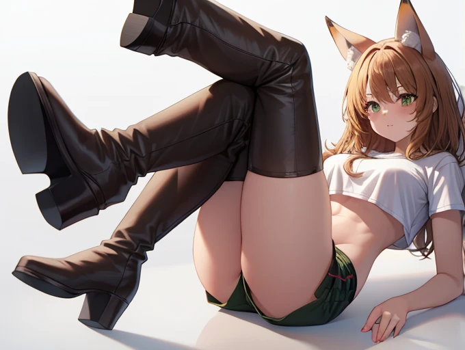 adult fox woman, two fluffy tails, giant breasts, long and muscular legs, light brown hair, green eyes, two-piece set of t-shirt and tight mini shorts, high stockings, high boots, 8k, hd, masterpiece, full body image , totally white background