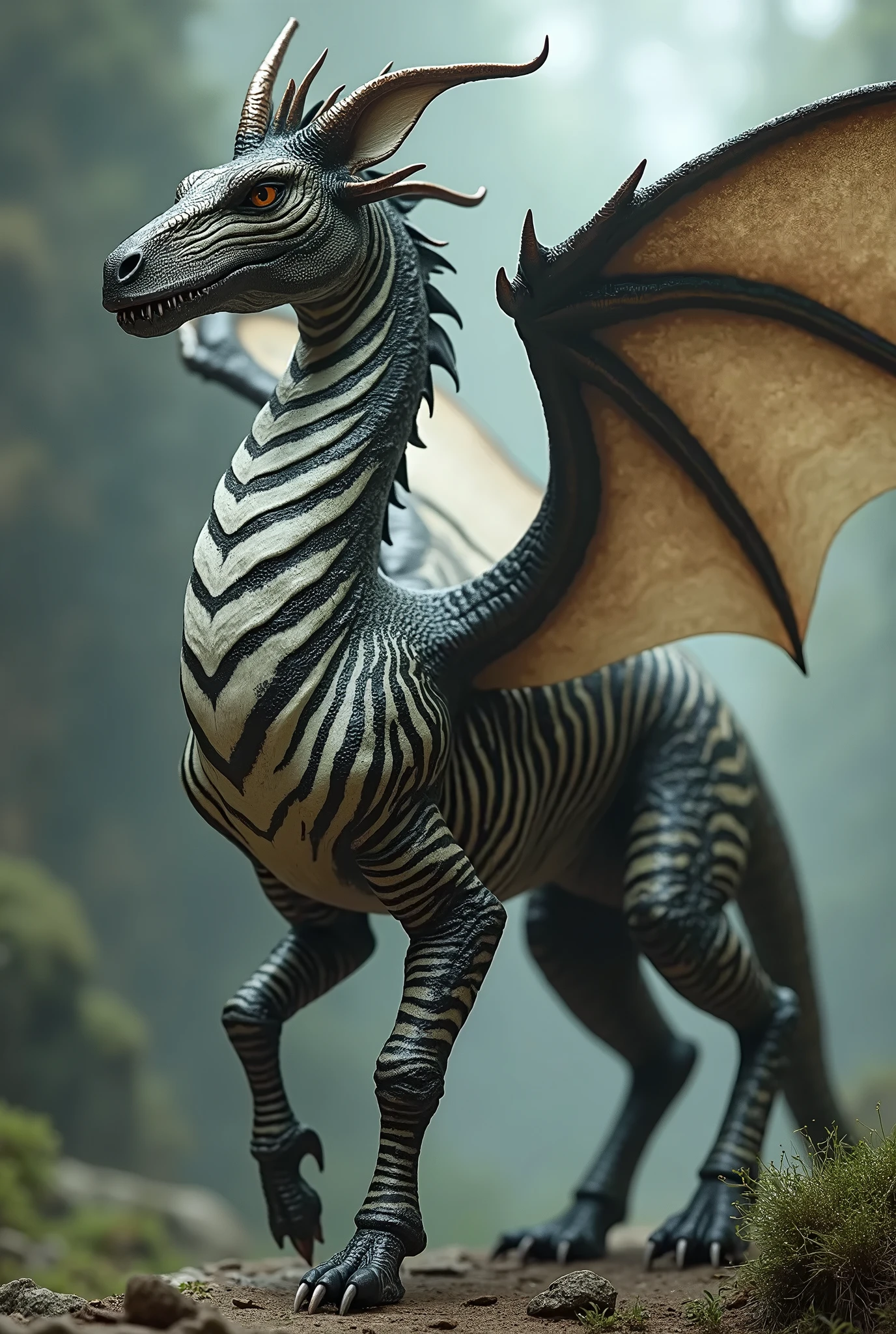 Merge a zebra with a dragon, creating a winged creature with characteristic stripes and reptilian skin.