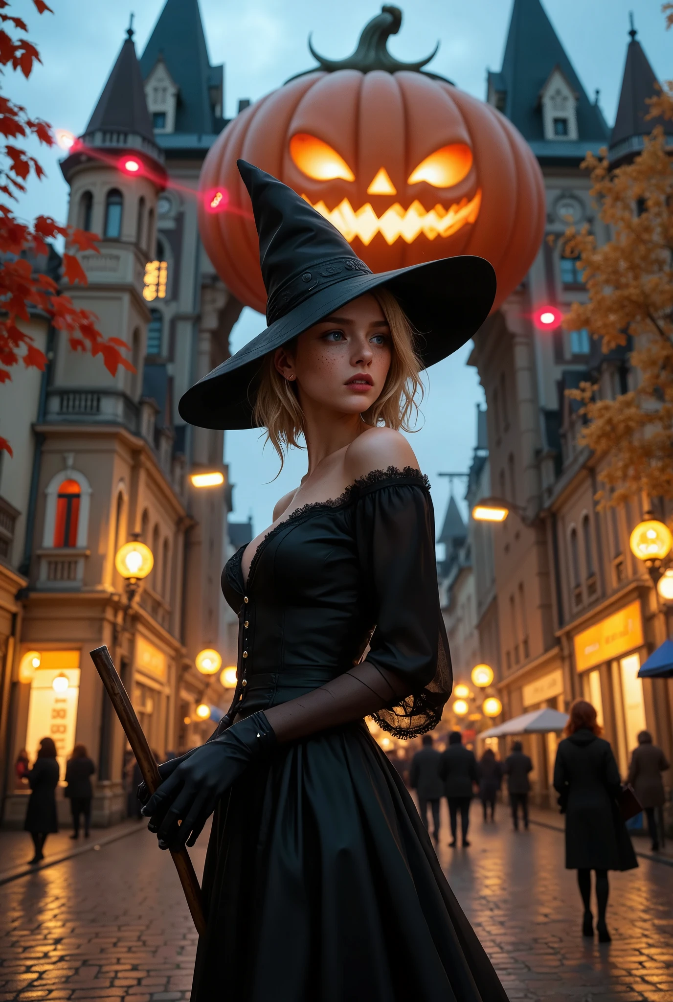 A hyper-realistic image of a beautiful young woman dressed in an elegant witch costume, standing in front of the grand entrance to a Halloween-themed theme park. Her witch costume features a wide-brimmed hat, a flowing black dress with lace detailing, and a broomstick at her side. Surrounding her, the theme park entrance is adorned with Halloween-style architecture—buildings have gothic facades, glowing jack-o'-lanterns line the rooftops, cobwebs hang from windows, and spooky decorations fill the scene. The large entrance arch is shaped like a grinning pumpkin with eerie glowing eyes, while carnival lights and banners sway in the autumn breeze. The trees around the entrance burst with fall colors of red, orange, and yellow, their leaves scattered on the ground. The park is alive with visitors, all dressed in a variety of Halloween costumes—vampires, ghosts, skeletons, and ghouls—adding to the festive, magical atmosphere. The twilight sky deepens into a dark blue, and the warm lights from the theme park cast a soft glow over the scene. The style is inspired by the hyper-realism of Richard Estes, capturing the smallest details, from the fabric of the costumes to the textures of the cobblestone streets. The medium is high-definition digital painting, blending realism with the enchanting, playful elements of a Halloween-themed night.