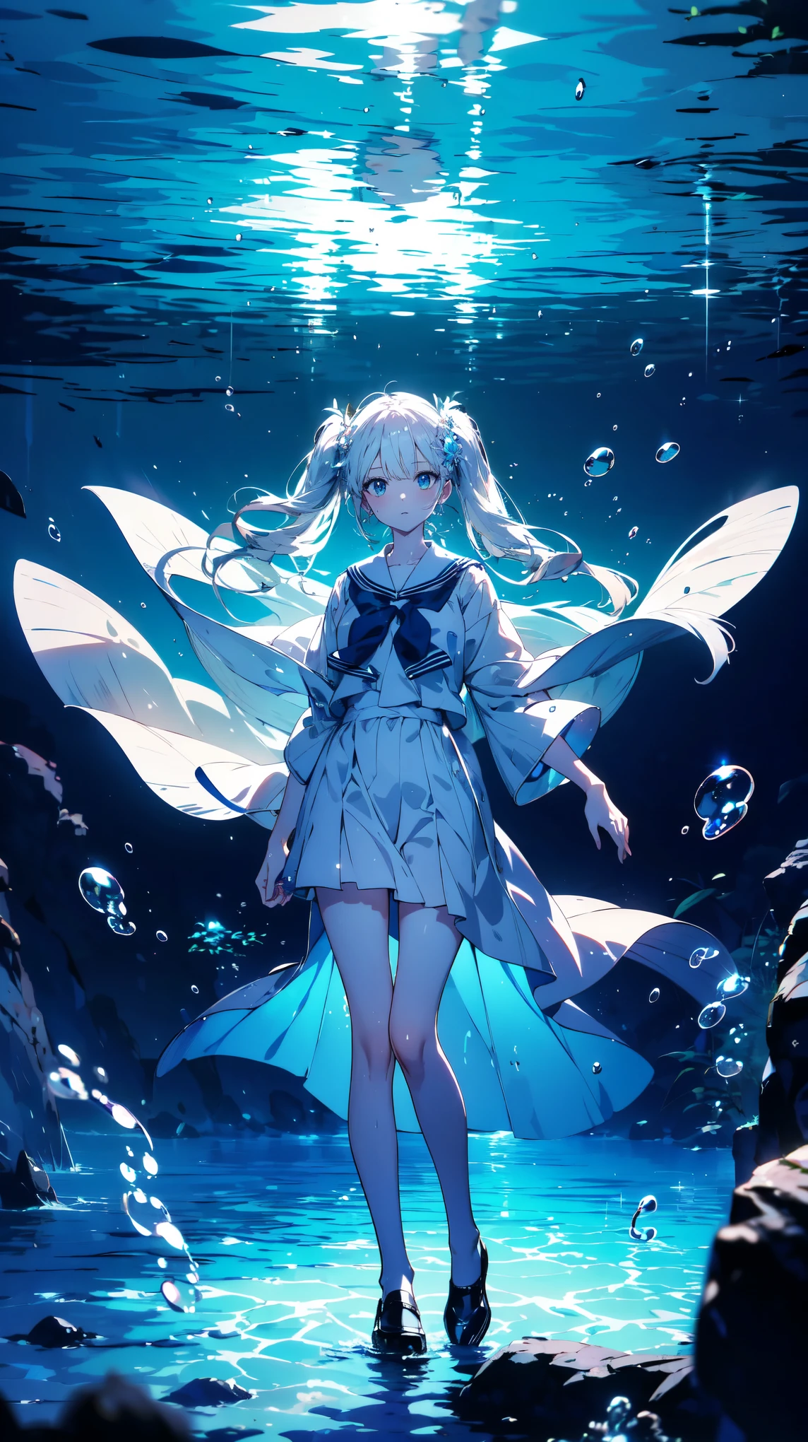 (((A medium view)) of an anime teen girl, (sitting down in a (forest), (((strong sunlight))), cinematic light, slim body, skin is perfectly white, soft, and smooth, blue and cyan haired((legs stretched straight)), Extremely delicate and beautiful CG illustration, best quality, high resolution, dynamic angle, full-length lens, (1 girl), floating, soft light, high-key lighting), glowing light, cyan halo, feathers fluttering background, blue crystal, (((wearing nothing but a cyan (pure) (transparent) tank top))), ((very cinematic))blue and cyan tones