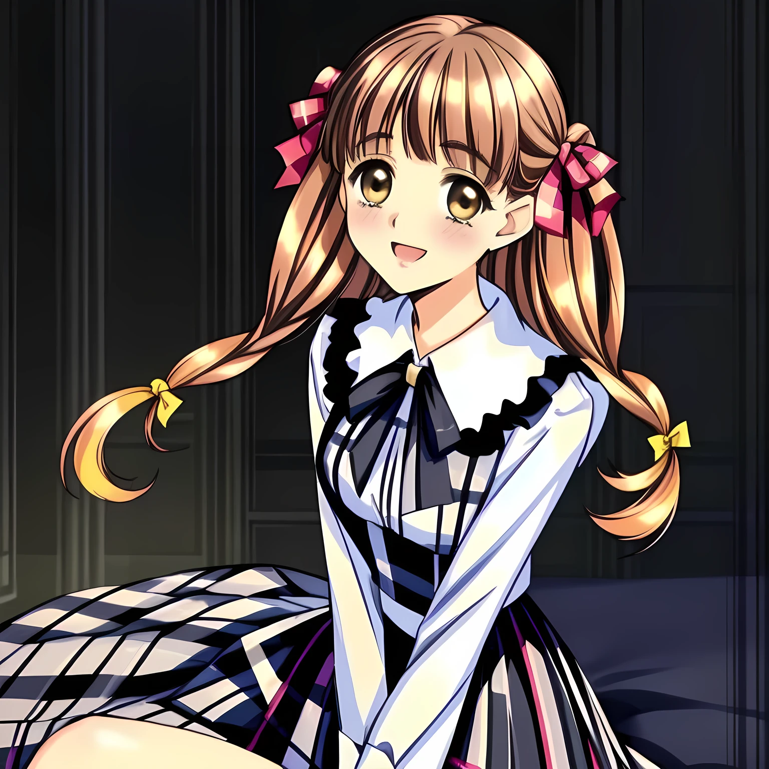 (highest quality, masterpiece: 1.6), (Two heroine girls are coming from both side facing each other and kissing each other, Too Beautiful noble 18yo beautiful lying anime noble heroines, beautiful giggling noble elegant 18yo neat anime heroines wares completely white frilled girly blouse and navy plaid skirt is lying on a magical sexy bed and inviting me into deep harem of siren and succubi, Noble Elegant uniform: 1.5), (Neat pure silk white frilled blouse: 1.3), (Anime-heroine's girly noble laughing giggling brown intelligent eyes: 1.6), (Realistic Charming neat navy-colored very-neat well-pleated long checkered plaid school skirt: 1.5), (black background: 1.7), (Eyes, face and hair are especially beautifully detailed and beautifully drawn: 1.5), (Girl whom everyone loves because of her beauty and lovely fashion and noble manner and magic-charm like succubus: 1.0), (Very beautiful, wavy, cutely super-super-long twin-braids gorgeous rich dark black hair like polite shy school girl, with elegant yellow hair ribbons: 1.3), (beautiful black hair: 1.5), (Perfect body style like a fashion model)