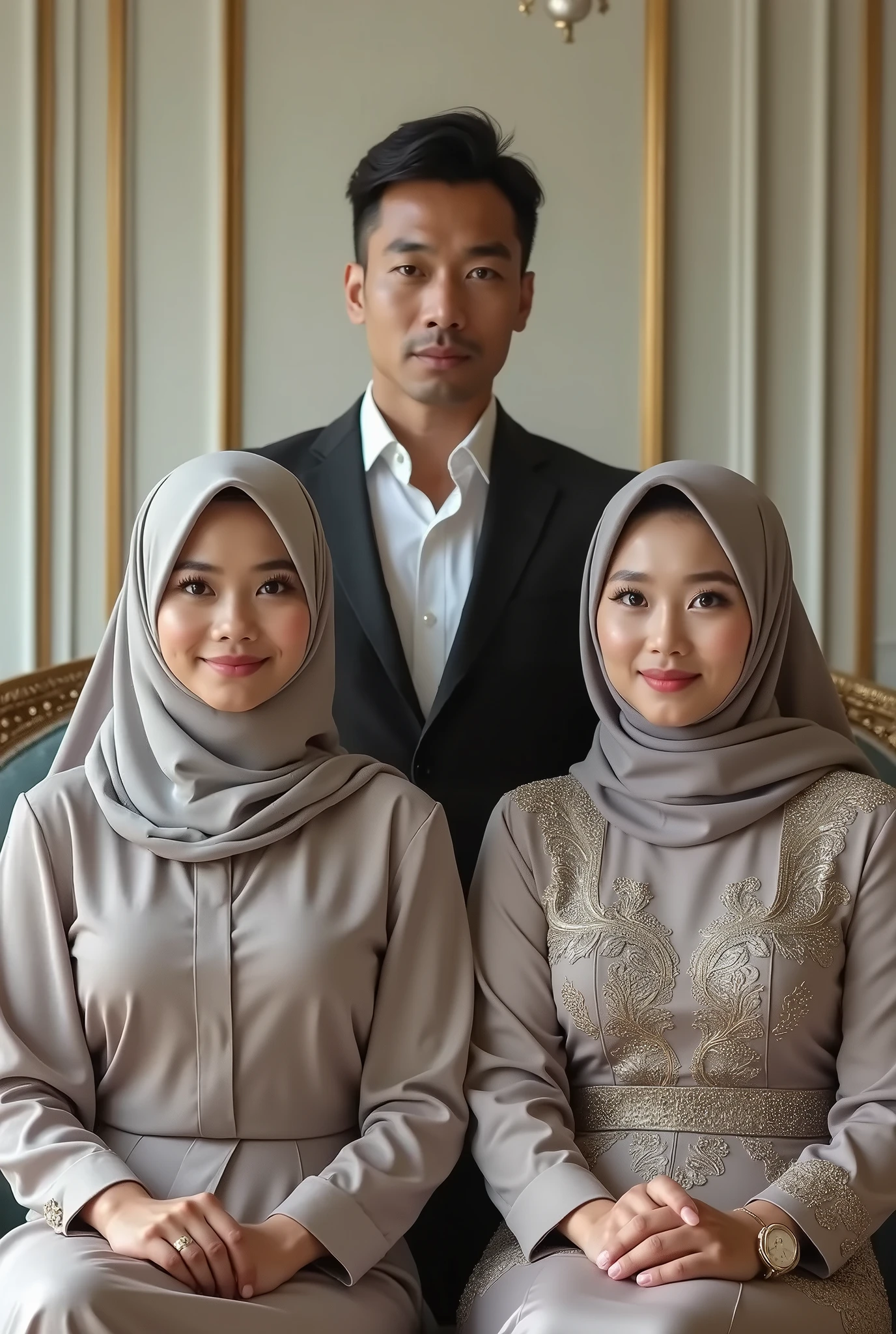Portrait of young Indonesian man 18 years old wearing a suit and young Indonesian woman 1 wearing a luxurious kebaya and hijab and a man wearing a suit and a girl wearing a luxurious kebaya and hijab sitting in a photo studio room,there are flower decorations