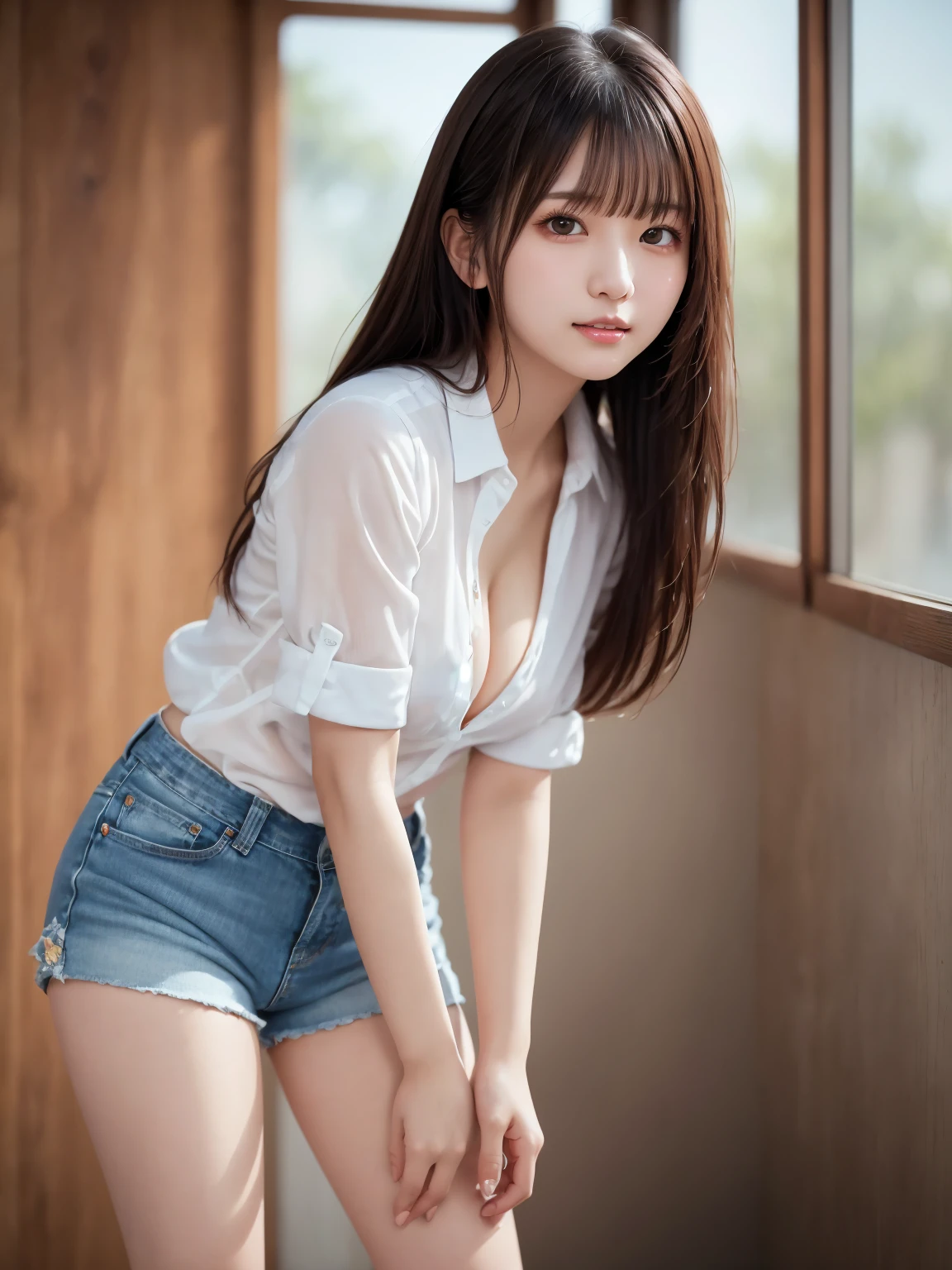 (White Shirt、jeans shorts  : 1.2), Complex and beautiful eyes、woman, (back hand : 1.2)、(stand up : 1.3), Womanly black hair、(Delicate and realistic hair、1 bottle１Realistic hair)、bangs、Natural Color Lip、smile、((White indoor))、indoor、((18歳woman:1.******ung and adorable Japanese face, (raw legs, beautiful legs : 1.5), Official Art，Highly detailed CG Unity 8k wallpaper, (masterpiece : 1.0), (Best Quality : 1.0), 超High resolution,4K, Very detailed, photo shoot, 8k, High resolution, Kodak Portrait 400, Film Grain, Lens flare glow, 高いest quality ,8k, (nsfw : 1.2), Portrait Shot, 8k、Show Viewer, (((Front View))), ((Facing))、Body facing forward、Bold cleavage、Firm breasts、Small face, ((Bare legs))、Highest quality、Super beautiful images、Hands on the back