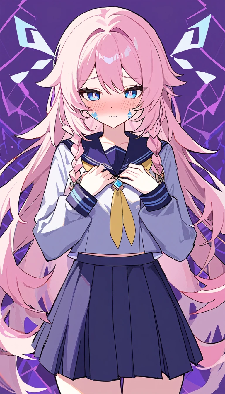 citlali ,シトラリ(genshin impact), 1girl,cowboy shot,embarrassed,(hands on own chest),pink hair, parted bangs, very long hair, hair down, braids,facial Mark, blue eyes, pink pupils,school uniform,Genshin Impact Style, AddXL,beautiful detailed, hyper detail, masterpiece, best quality, bright, citlali,purple Geometric background