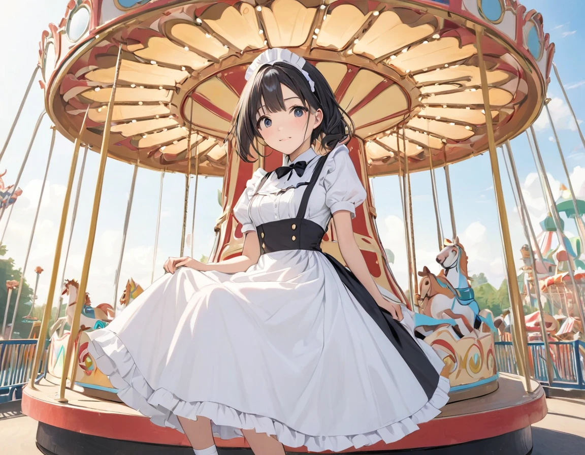 Maid uniform,One Girl, Alone,amusement park,Ride the merry-go-round