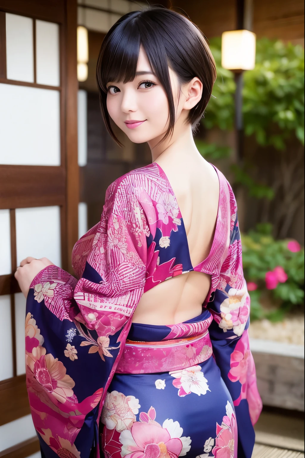 Ultra-high resolution、Japanese beauty、Big eyes、cute、Beauty、The breasts are very large、yukata、flowers in background、Butt