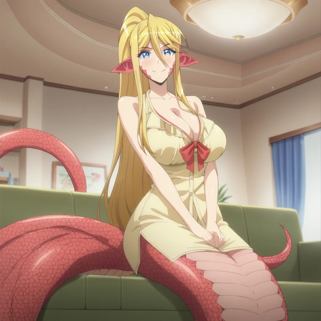 Centorea Sianus, lamia, yellow lamia tail, scales lamia tail below wasistline, long hair, blonde hair, pony tail hair, blue eyes, yellow negligee, smile, looking at viewer, red blush, cleavage, large breasts, sitting on the sofa in the living room, 