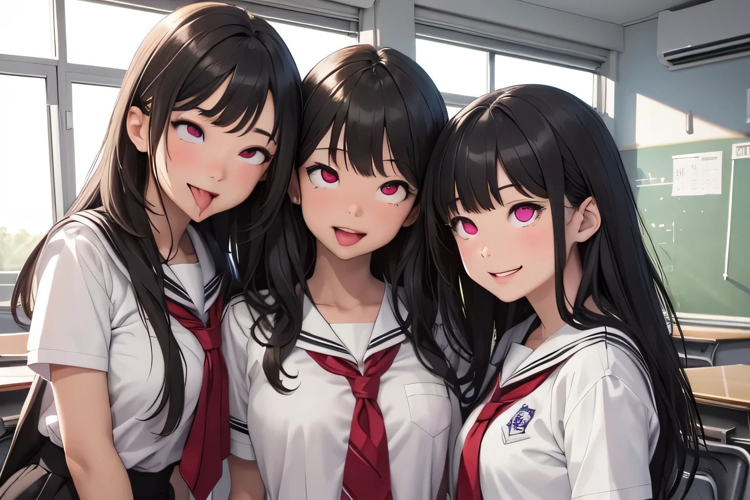 (top-quality、in 8K、32K、masterpiece、nffsw、超A high resolution、Impresionismo、Photorealsitic:1.2)、Full body, detailed faces and eyes、 Inside the classroom、Schools、Evening glow、beauitful face、blurry backround、16-year-old beautiful girl、shinny skin、short-hair、Beautiful black hair、Red Eyes、(Katyusha:1.2)、a sailor suit、Pleated miniskirt、Curve、dynamicposes、Smile with open mouth、Two girls、Same uniform、